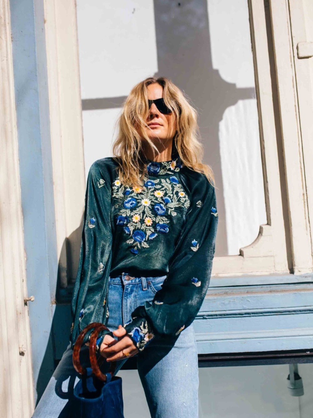 Free People Jessica Blouse Emerald Green with Embroidery XS - Picture 2 of 9